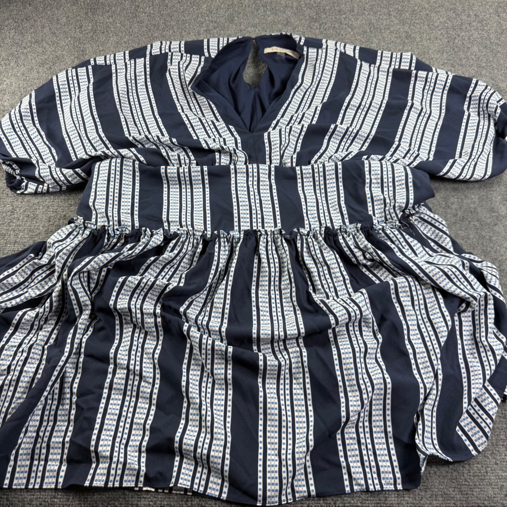 Taylor Dress 16 Navy Blue White Striped Smocked Waist V-Neck Tiered Womens